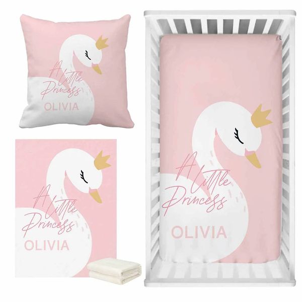 LVYZIHO Rosa niedlicher Schwan-Bettlaken-Set mit individuellem Namen, Babybett-Bettwäsche-Set, Babyparty-Geschenk-Bettwäsche-Set 240111