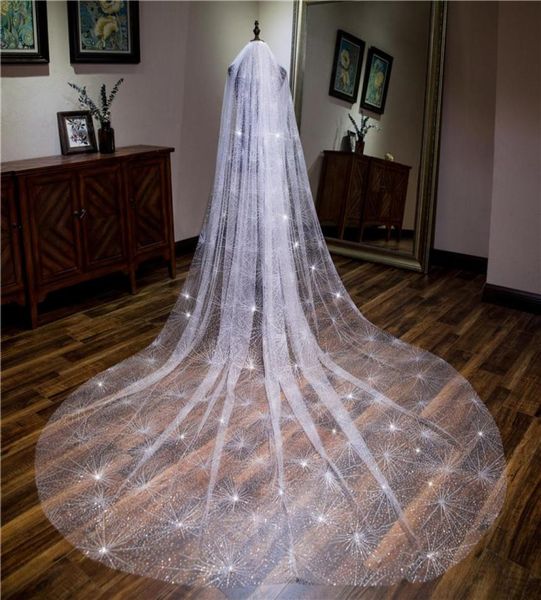 Véu de noiva com pente spray branco glitter 35m super longo noiva véus de casamento uma camada corte borda voile mariage tribunal c6816541