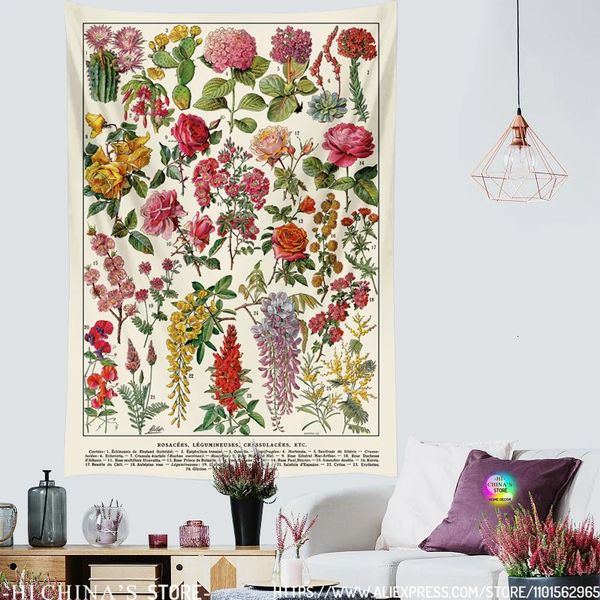 Цветочный ботанический домашний декор, гобелен, настенные цветы, справочная таблица растений, эстетические гобелены для гостиной, спальни 240111