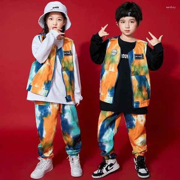 Bühnenkleidung Kind Kpop Hip Hop Kleidung Tie Dye ärmellose Jacke Sweatshirt Top Streetwear Jogger Harajuku Hosen für Mädchen Junge Tanzkostüm