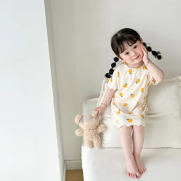 Vestidos da menina do bebê meninas casa vestido 2024 verão fruta impressão manga curta pétala pijamas o-pescoço bonito saia de renda childern coagulação