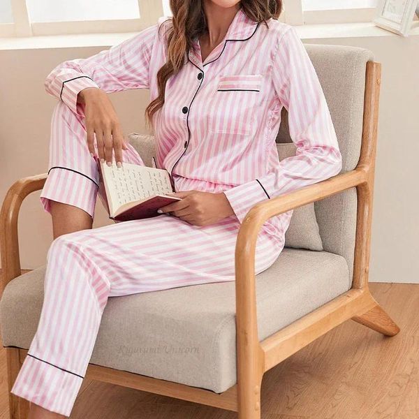 Damen-Nachtwäsche, rosa gestreift, bedruckt, Heimanzug, lockere Satin-Seide, lässige Pyjama-Set, Hose, Harajuku-Kleidung, einreihiges Oberteil