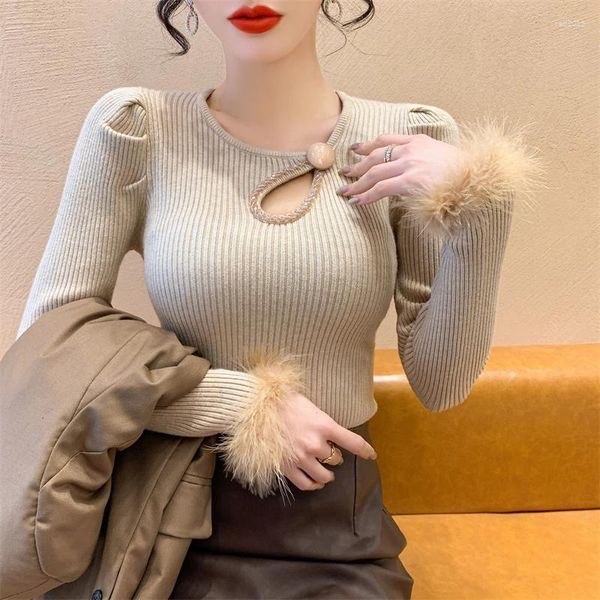Suéteres femininos 2024 outono inverno estilo coreano camisola de malha chique sexy oco out brilhante miçangas mulheres manga longa retalhos peles tops 41035