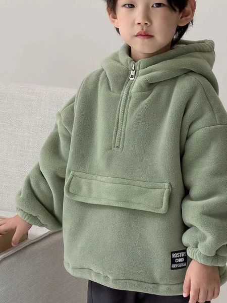 Pullover Winter Warm Baby Mädchen Jungen Einfarbig Polar Fleece Half Zip Kapuzenpullover Kinder Hoodie Mantel Kind Outfit Pullover Tops 2-10YrsL2401