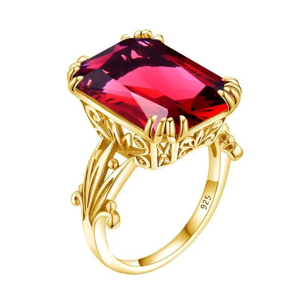 Kırmızı Ruby Stone Ring 925 Sterling Gümüş 14K Altın Yüzük Kadınlar İçin Düğün Nişan Takı Takıları Klasik Anillos 240112