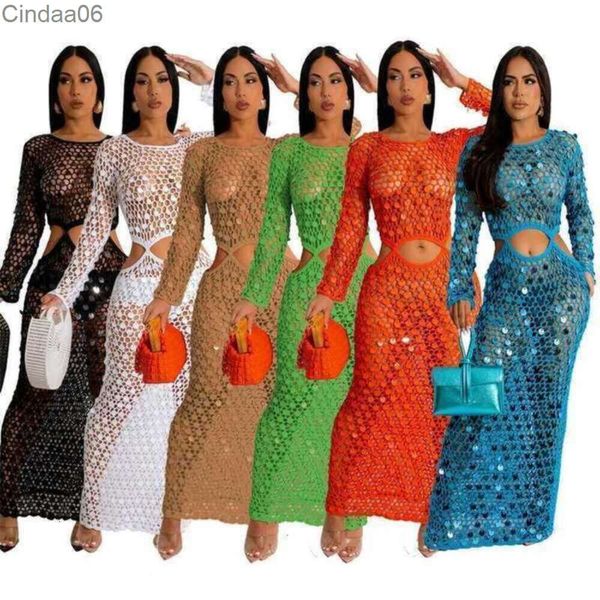 Designer de roupas femininas maxi vestido novo manga longa mão malha oco para fora lantejoulas vestidos de praia para mulher roupas elegantes