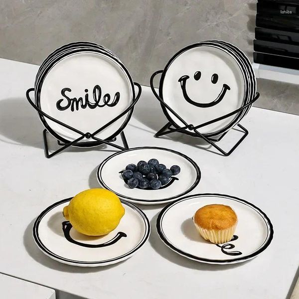 Pratos 6 peça placa sorridente coreano ins com rack de metal sobremesa cerâmica bolo de frutas prato café da manhã bandeja de pão pratos decoração exibição