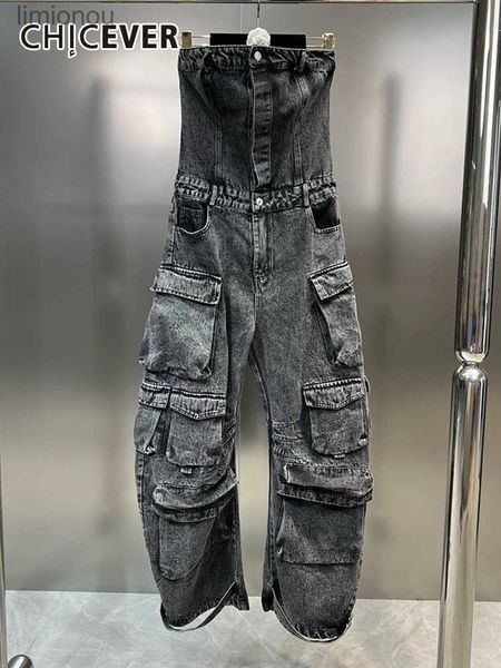 Macacões femininos macacão chicever streetwear denim macacões para mulheres sem alças sem mangas fora do ombro cintura alta calças de carga y2k estilo macacão femininol240111