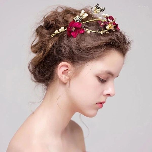 Fermagli per capelli Colore rosso Pettine per fiori Lega per ragazze Forcina per perle Diademi da sposa Gioielli da sposa Accessori moda per le donne