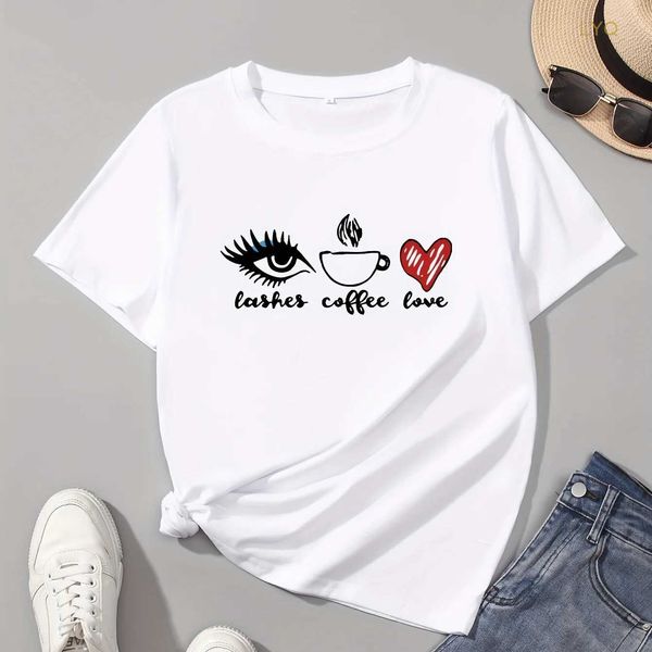 Cílios café coração impressão camiseta feminina casual tripulação pescoço manga curta topo para primavera verão roupas femininas camisetas