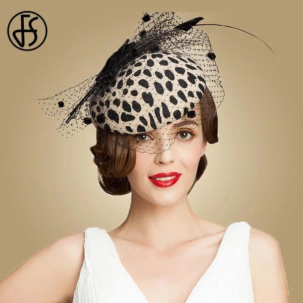 Berretti Fs Fascinators Cappello a tamburello leopardato nero con velo Cappelli stile Fedora e borsalino in feltro di lana australiana al 100% Donna Cappelli stile Fedora e borsalino vintage con fiocco