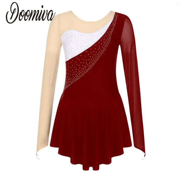 Abbigliamento da palcoscenico Vestito da pattinaggio di figura Body per donna Adulto Costume da pattinatrice per danza classica con maniche lunghe in rete per ginnastica scintillante