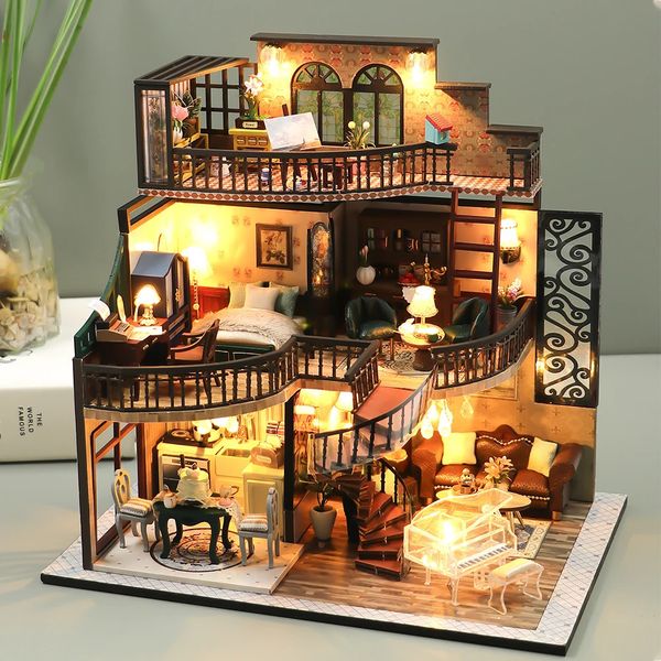 Puppenhaus mit Staubschutz Casa Miniatur Diy Holz Puppenhaus Miniaturen Kinderspielzeug Mädchen Geburtstagsgeschenke Diorama 1 24 M2132z 240111