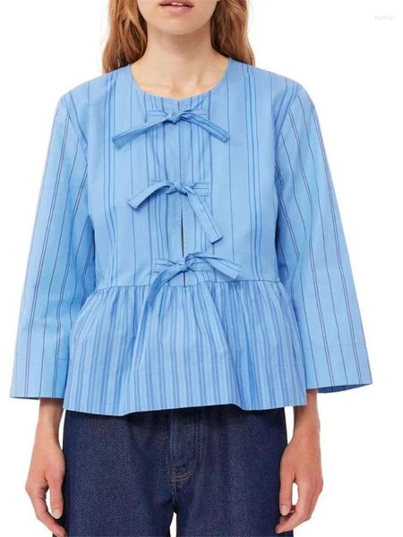 Blouses feminina feminina listra de algodão Blusa azul 2024 mola e amarrar lace up ladies ruffles plissout shirt top