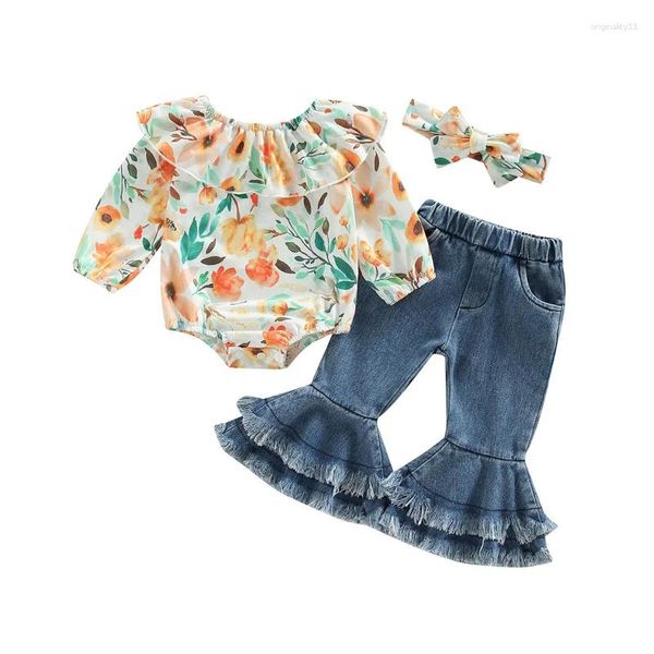 Conjuntos de roupas nascidos bebê meninas roupas manga longa babados floral macacão topos denim calças largas bandana primavera outono roupas conjunto