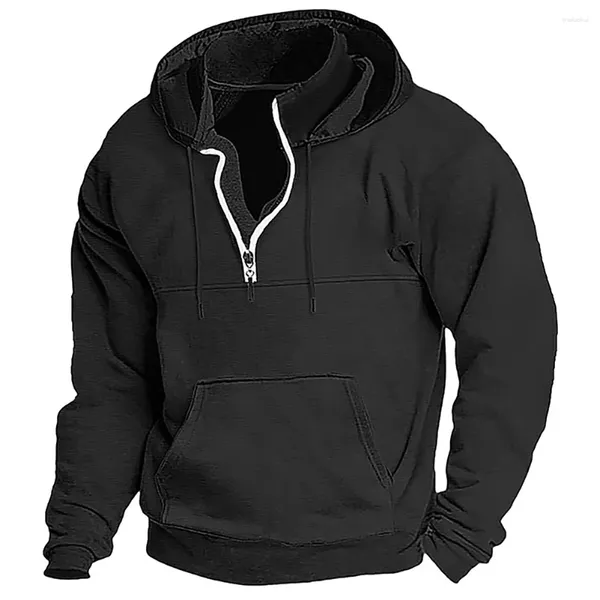 Hoodies masculinos com capuz cordão manga longa solto músculo bolsos ao ar livre cor sólida streetwear moletom moda diária