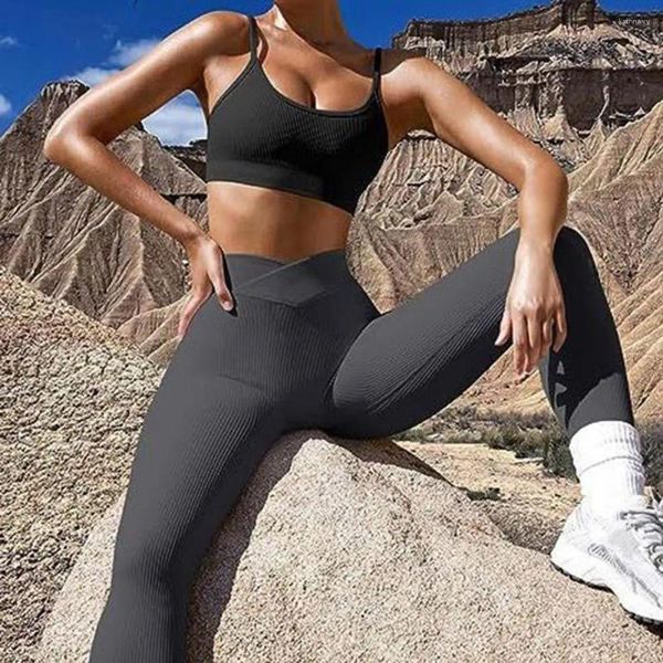 Pantaloni attivi Leggings casual dal taglio slim Vita alta senza cuciture Modello a costine Yoga Tinta unita Lungo per l'allenamento atletico delle donne