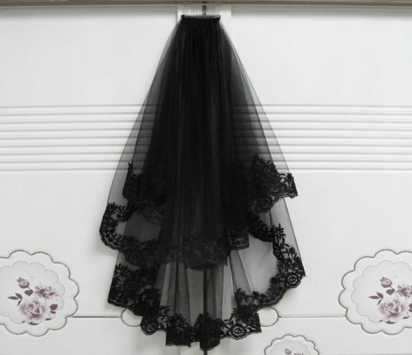 2018 novità unica splendida pizzo lato seta nera doppio strato velo da sposa velo da sposa strega di halloween copricapo velo di tulle cato7216281