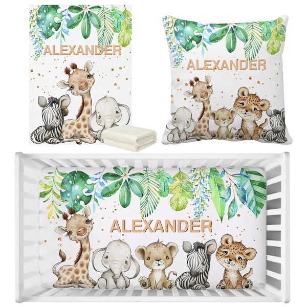 LVYZIHO Nome personalizzato Simpatici animali della giungla Verde Set biancheria da letto per bambini Regalo di compleanno Set biancheria da letto per bambini Set biancheria da letto per baby shower 240111