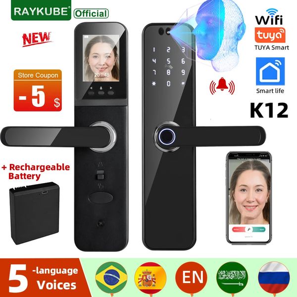 Raykube k12 tuya wifi câmera fechadura eletrônica 3d reconhecimento facial impressão digital porta inteligente com tela bateria recarregável 240111