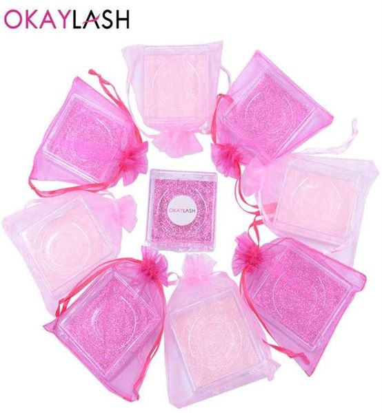 OKAYLASH Whole 2020 Neuester wunderschöner, einzigartiger Stil, leeres rosafarbenes, transparentes Wimpernverpackungsetui mit Seidenorganza-Kordelzugbeutel295m4923301