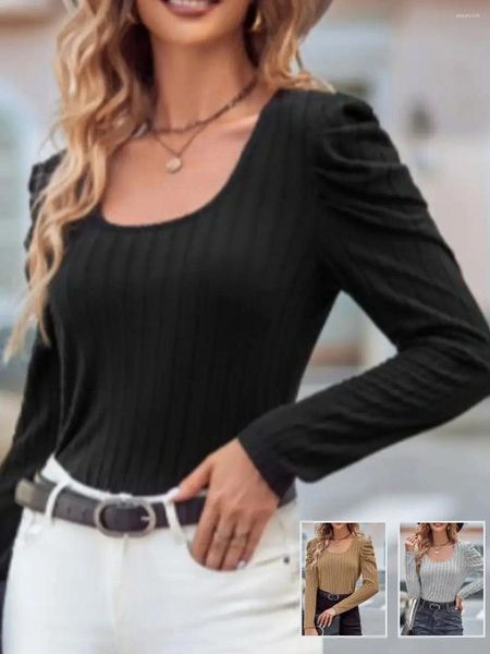 T-shirt da donna LW Camicia semplice a coste Camicetta a maniche lunghe con scollo a U Top casual per la primavera autunno Top slim basic aderenti