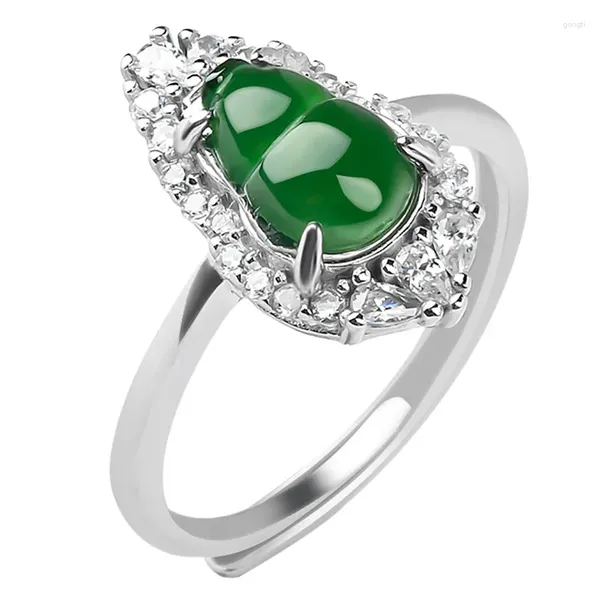 Cluster-Ringe, echter 925er-Sterlingsilber-Ring für Frauen, Inlay aus natürlichem Jadeit, Kürbisgrün, spezielle Jade, US-Größe 5–9, verstellbar