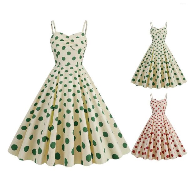 Lässige Kleider im Retro-Stil, frisch, Urlaub, große Polka Dots, Hosenträger-Ausschnitt, Taille, hohe Taille, Midi, Brautjungfer, Swing, Vintage-Rüschen, figurbetont