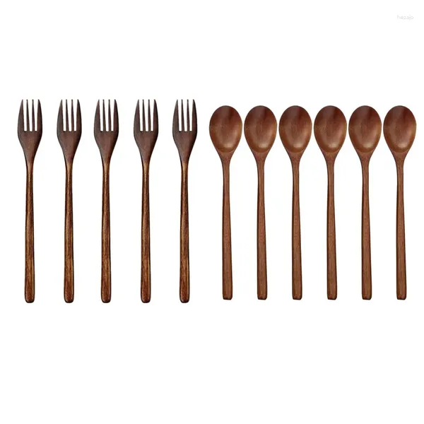 Gabeln -11 PCs Tischgeschirr: 5 Holz umweltfreundlich japanischer Holz Salat Dinner Fork 6 Spoons Suppe