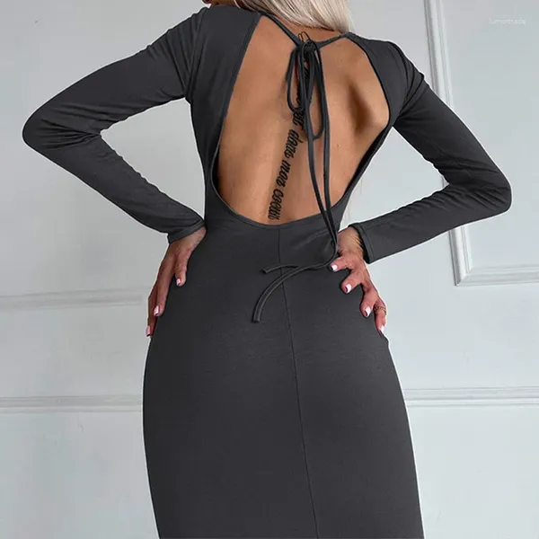 Vestidos casuais omsj sólido manga longa queda para mulher roupas elegante sexy backless lace up preto maxi festa de aniversário magro vestidos