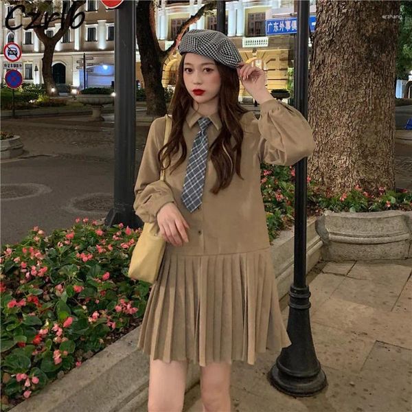 Casual Kleider Langarm Kleid Frauen Preppy Stil Süße Vintage Plissee Vestidos Drehen Unten Kragen Teenager All-match Herbst schöne Mädchen