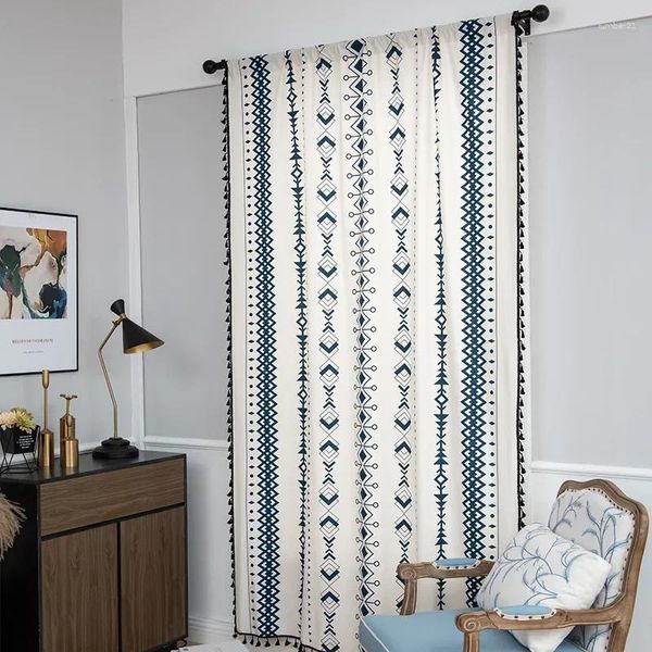 Vorhang mit fertigem Baumwoll-Leinen-Druck, schwarzen Quasten, böhmischer Küche, Erkerfenster