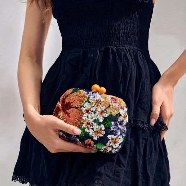 Вечернее платье с пайетками в стиле ретро, мини-сумка-клатч с цветочным узором — идеально подходит для вечеринки, свадьбы, клубного ужина 240111