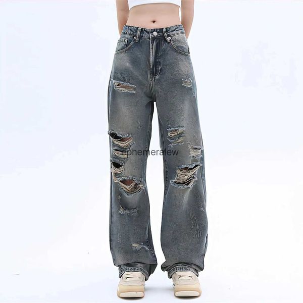 Calças jeans femininas capris senhoras rasgadas soltas perna larga y2k novo lavado em linha reta coreano retro estilo de rua calças jeans das mulheres