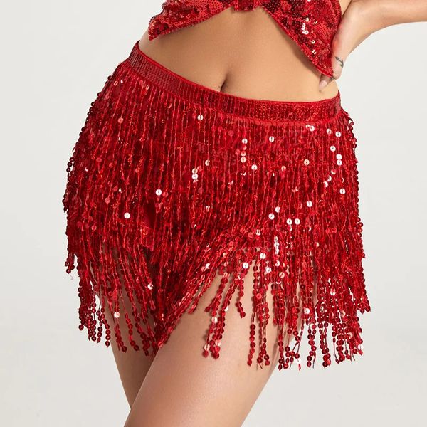 Lantejoulas borla saias cintura cintos de corrente para mulheres acessórios de dança do ventre desempenho ajustável mini saia dancewear roupas 240112