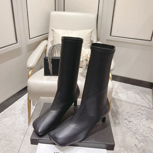 Designer-Stiefel, Rindsleder, High-Heel-Stiefel, quadratische Zehen-Chelsea-Stiefel, klobiger Absatz, Ritterstiefel, modischer Knöchel für Damen, Luxus-Schuhe, Top-Qualität