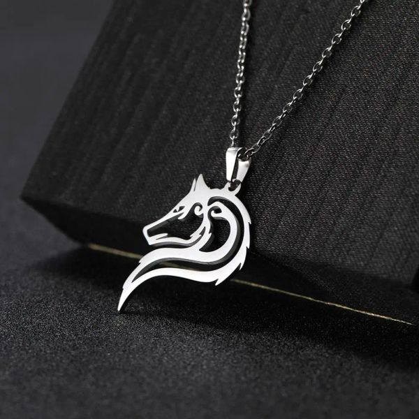 Antike Fenrir Wolf Halskette 14K Weißgold Wölfe Tier Anhänger Halskette Männer Frauen Amulett Tribal Schmuck Geschenk