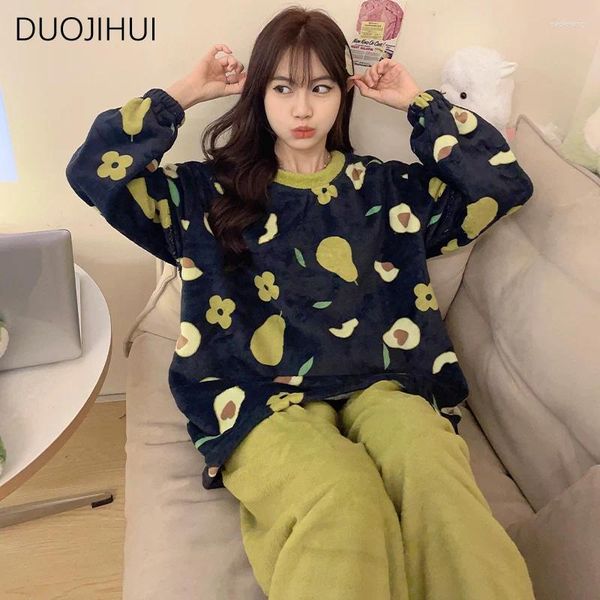 Indumenti da notte da donna DUOJIHUI Autunno Colore incantesimo Due pezzi Pigiama femminile di base Set Classico O-Collo Pullover Pantaloni chic Casa casual per le donne