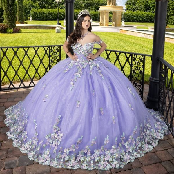 Lavendel weg von der Schulter Quinceanera Kleider Luxus Applikation Spitze Tüll verträumt Fee Tüll Geburtstag Party 16 Kleid Vestidos de 15