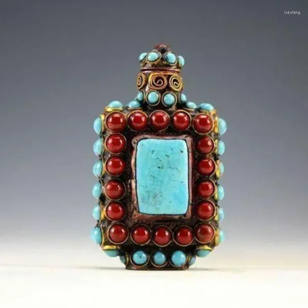 Botellas Chino Antiguo Tíbet Plata Cloisonne Cuentas Hermosa Botella De Rapé Turquesa