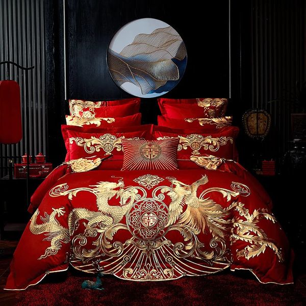 Rosso di lusso oro Phoenix Loong ricamo matrimonio cinese 100% cotone set biancheria da letto copripiumino lenzuolo copriletto federe 240112