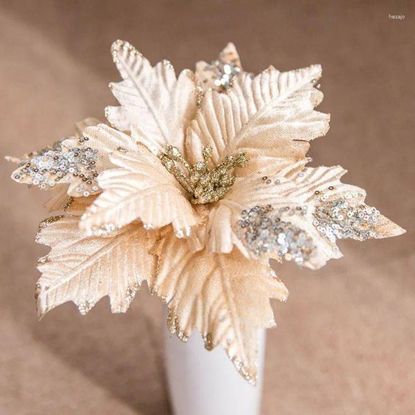 Fiori decorativi Simulazione Fiore di Natale Glitter Paillettes Tessuto artificiale Albero fai da te Ornamenti di Natale Decorazione Forniture per feste