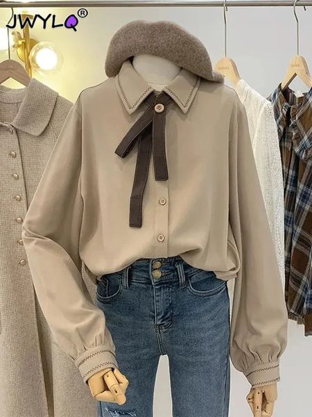 Camicette da donna in velluto a coste monopetto stile preppy vintage Camicette coreane a maniche lunghe con fiocco dolce Abbigliamento donna Top 240112