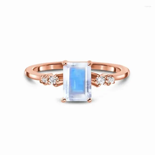 Anéis de cluster 2024 europeu e americano retro s925 prata esterlina rosa ouro retangular moonstone micro-zircon anel jóias femininas