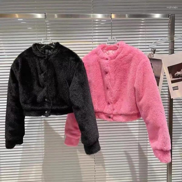 Para baixo casaco 2024 inverno rosa preto gola redonda clipe de algodão velo jaqueta de pelúcia quente meninas peludo imitação de pele crianças outerwear