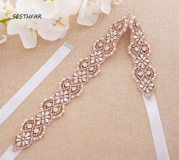 Sashes de casamento strass cinto de noiva pérolas simples faixa de cristal rosa ouro para vestidos de noite j175rg7269225