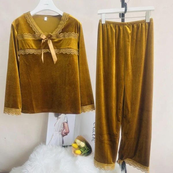 Damen-Nachtwäsche, Fdfklak Gold-Samt, Damen-Schlafanzug, Pyjama für Damen, Herbst, warm, Pyjama-Anzug, weiche Nachtwäsche, Langarm-Set