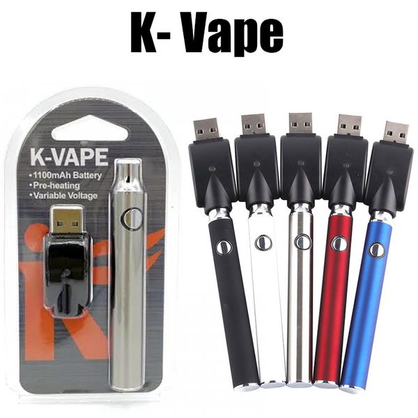 K-Vape Vorheizbatterie 1100 mAh wiederaufladbarer Akku Slim Pen Vorheizladegerät Kit 510 Gewinde variable Spannung Kvape-Batteriegeräte