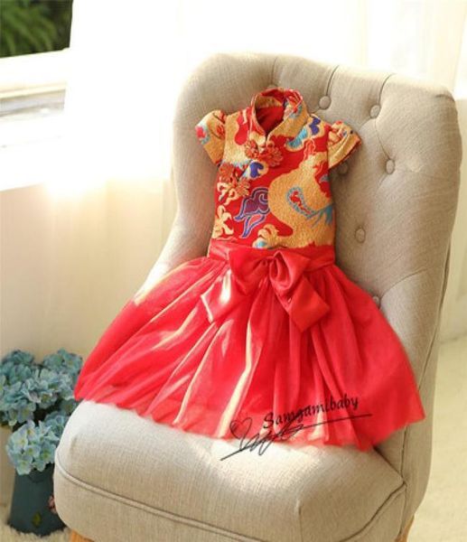 Chinesischen Stil Neujahr Mädchen Kleider Gestickte Drachen Cheongsam Kleid Herbst Winter Dicke Mädchen Kleidung Kinder Kleidung Baby Tuch7764777