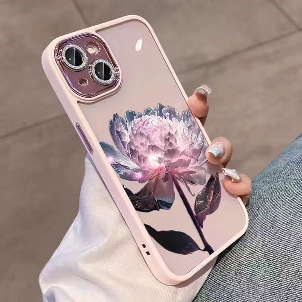 Luxuriöse lila rosa Rose transparente Handyhülle für iPhone 14 11 12 13 15 Pro MAX Plus Glitzer Kameraobjektiv schützen Acrylabdeckung blaue Hüllen 100 Stück